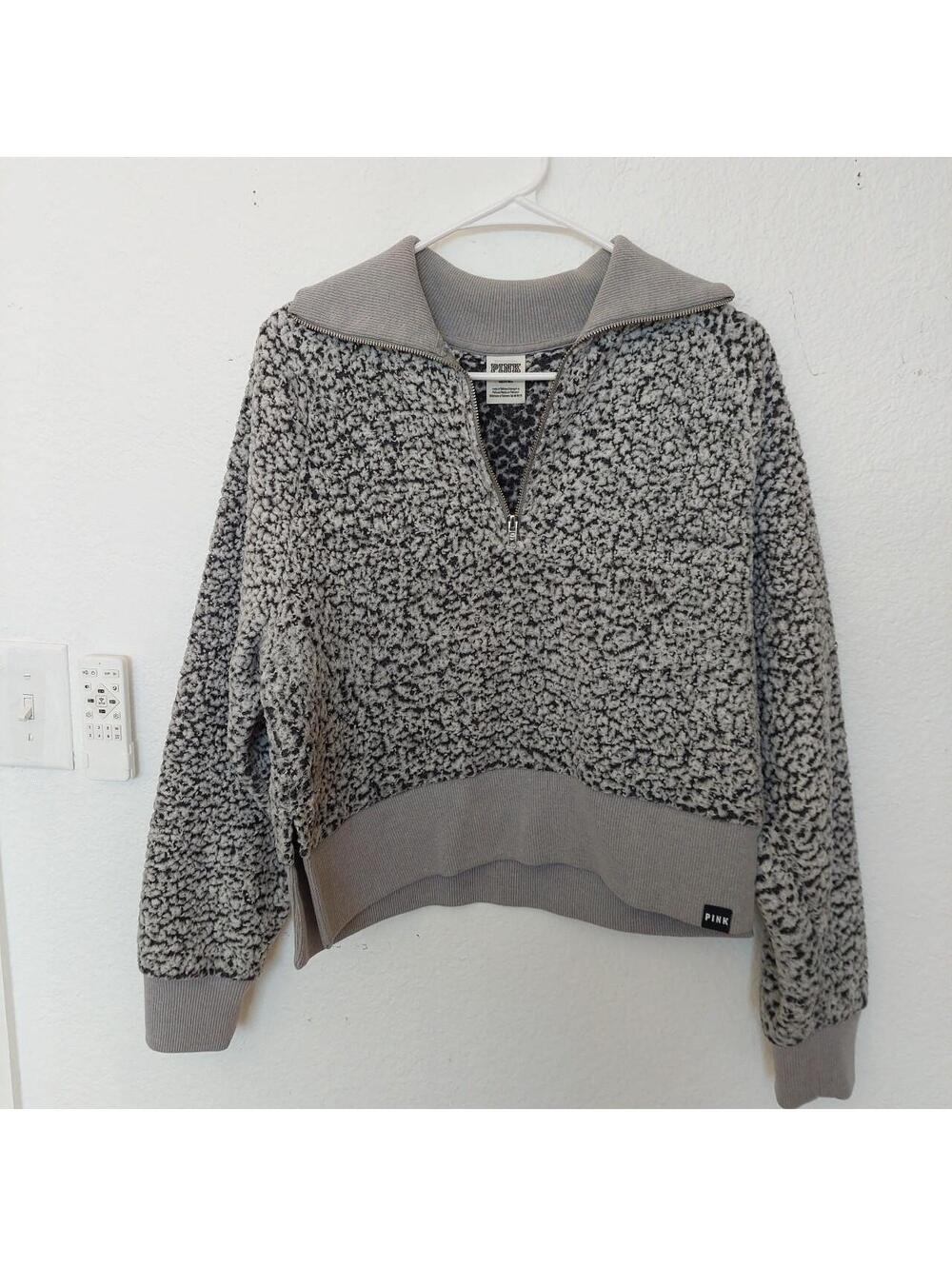 Victoria Secret PINK Grey Marled Sherpa Quarter Zip Pullover Sweater Size M